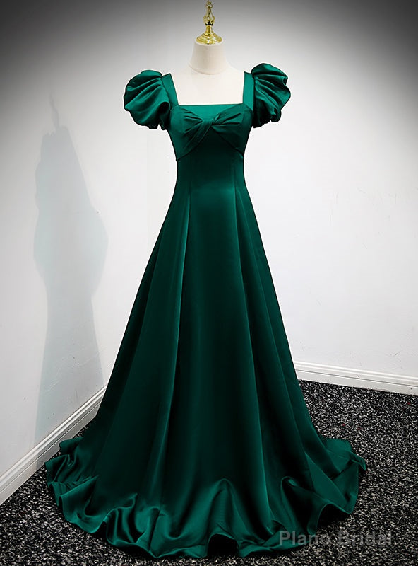 Green Satin Square Puff Sleeve Pleats Prom Dress Main image