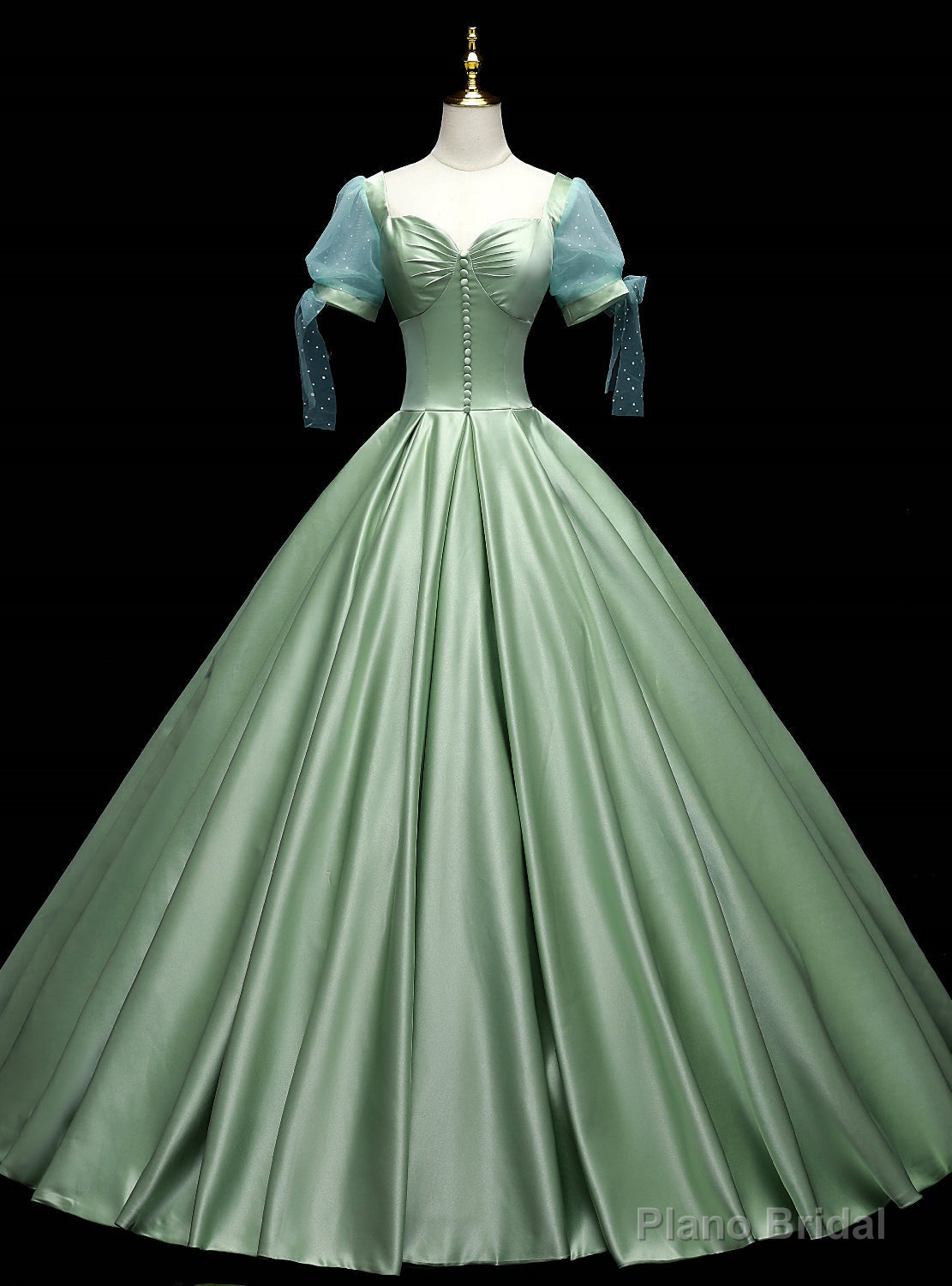 Green Satin Square Short Sleeve Button Quinceanera Dress Main image