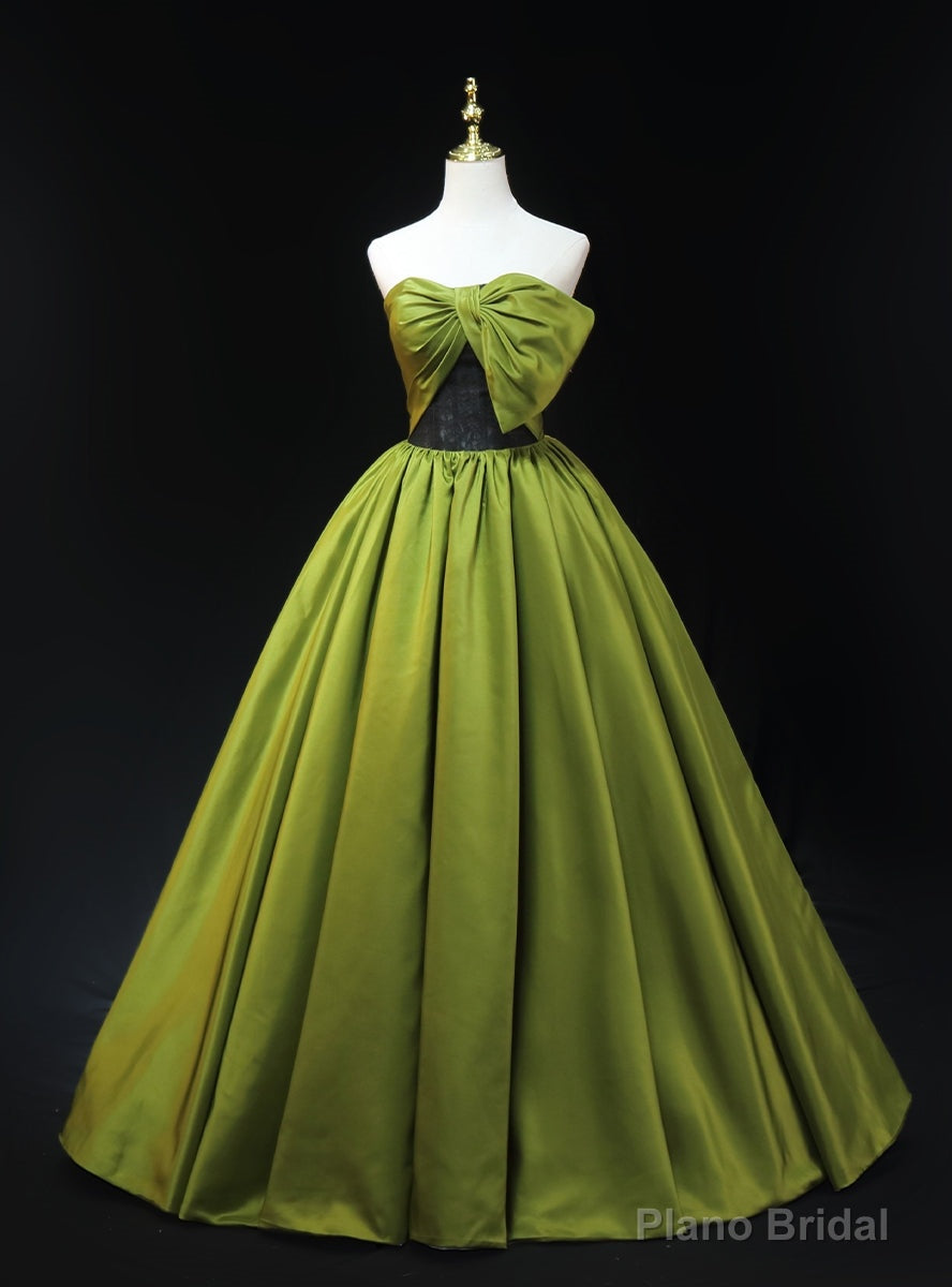 Green Satin Strapless Bow Prom Dress