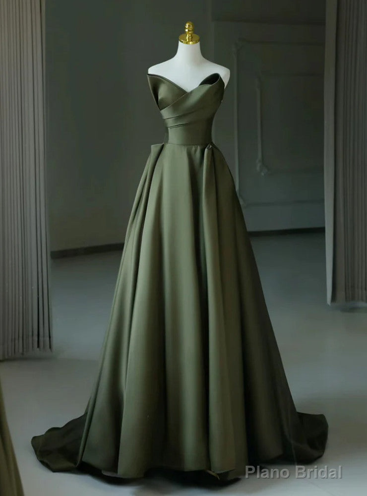 Green Satin Strapless Pleats Prom Dress Main image