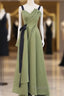 Green Satin Straps Long Party Dresses, Green Satin Formal Dresses Evening Dresses