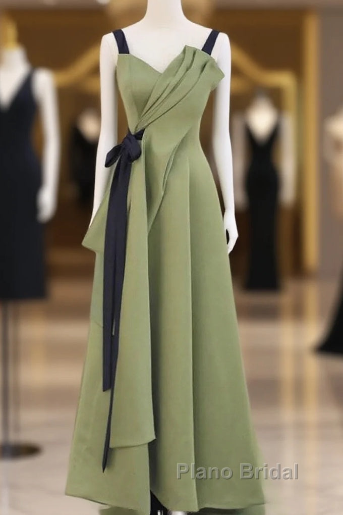 Green Satin Straps Long Party Dresses, Green Satin Formal Dresses Evening Dresses Main image