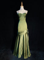 Green Satin Sweetheart Straps Long Formal Evening Dresses, Long Green Wedding Party Dresses