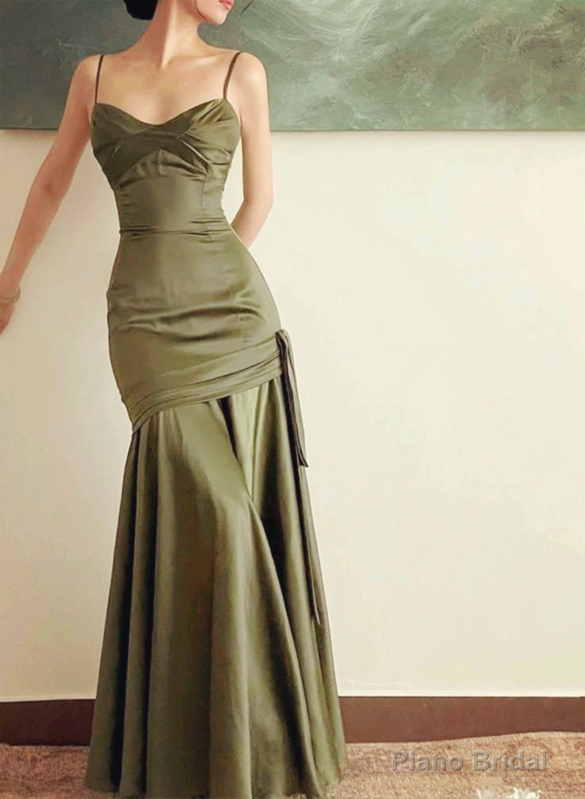 Green Satin Sweetheart Straps Long Party Dress, Green Satin Prom Dress Main image