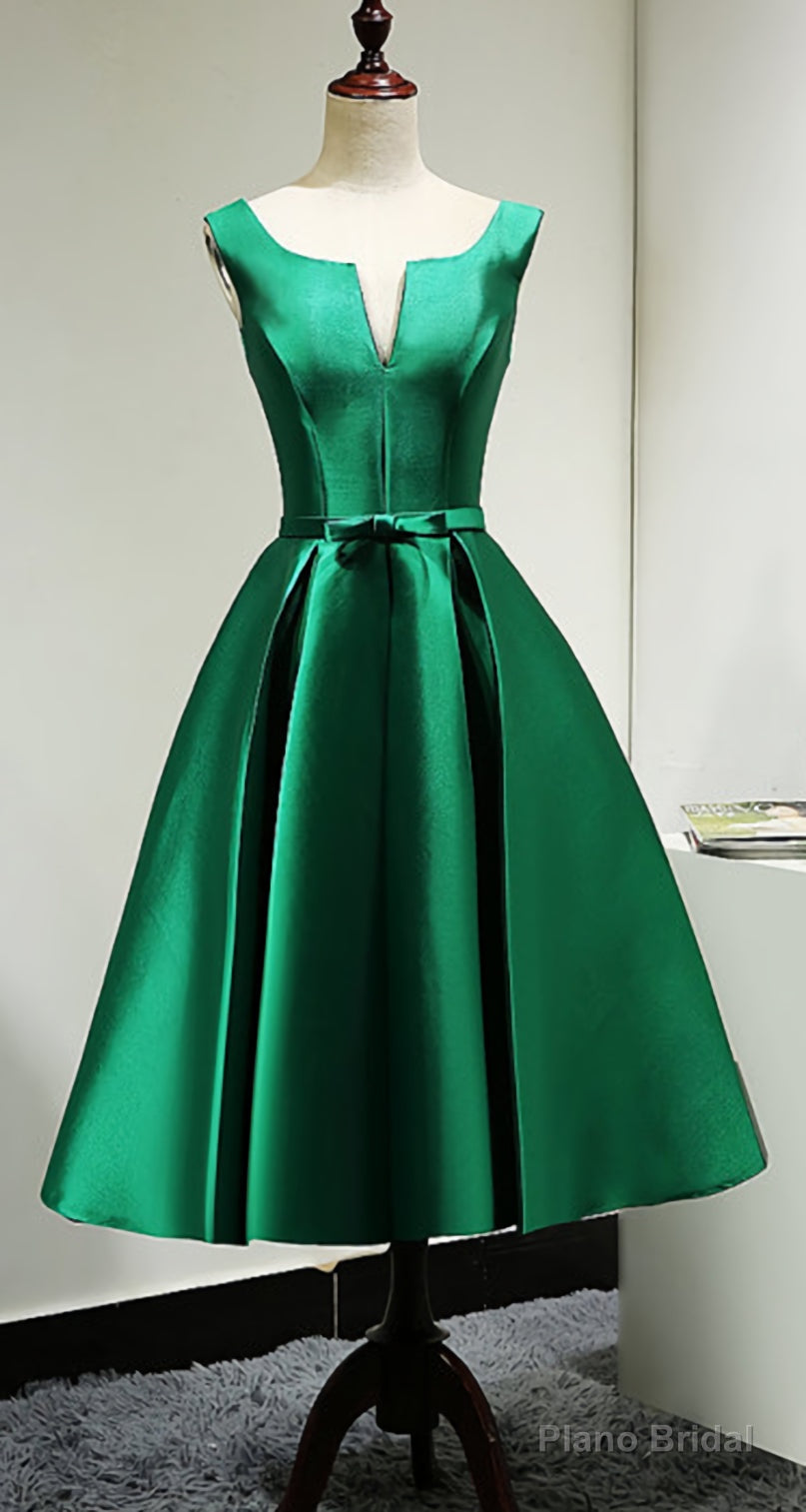 Green Satin Tea Length Bridesmaid Dress, Lovely Green Homecoming Dress Main image