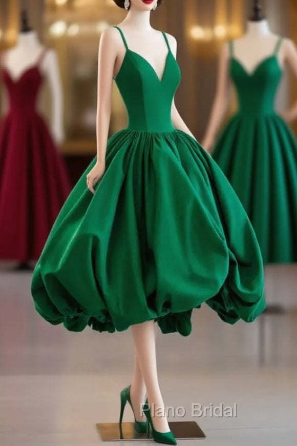 Green Satin Tea-Length Straps Formal Prom Dresses, Spaghetti Straps Homecoming Gown Main image
