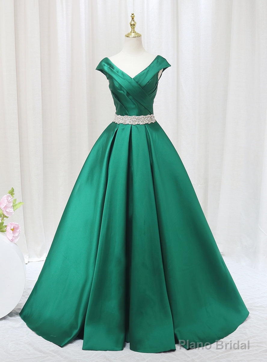 Green Satin V-neck Pleats Beading Prom Dress Main image
