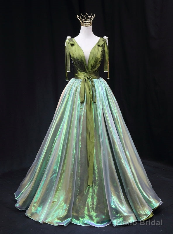 Green Satin V-neck Pleats V-neck Prom Dress Main image