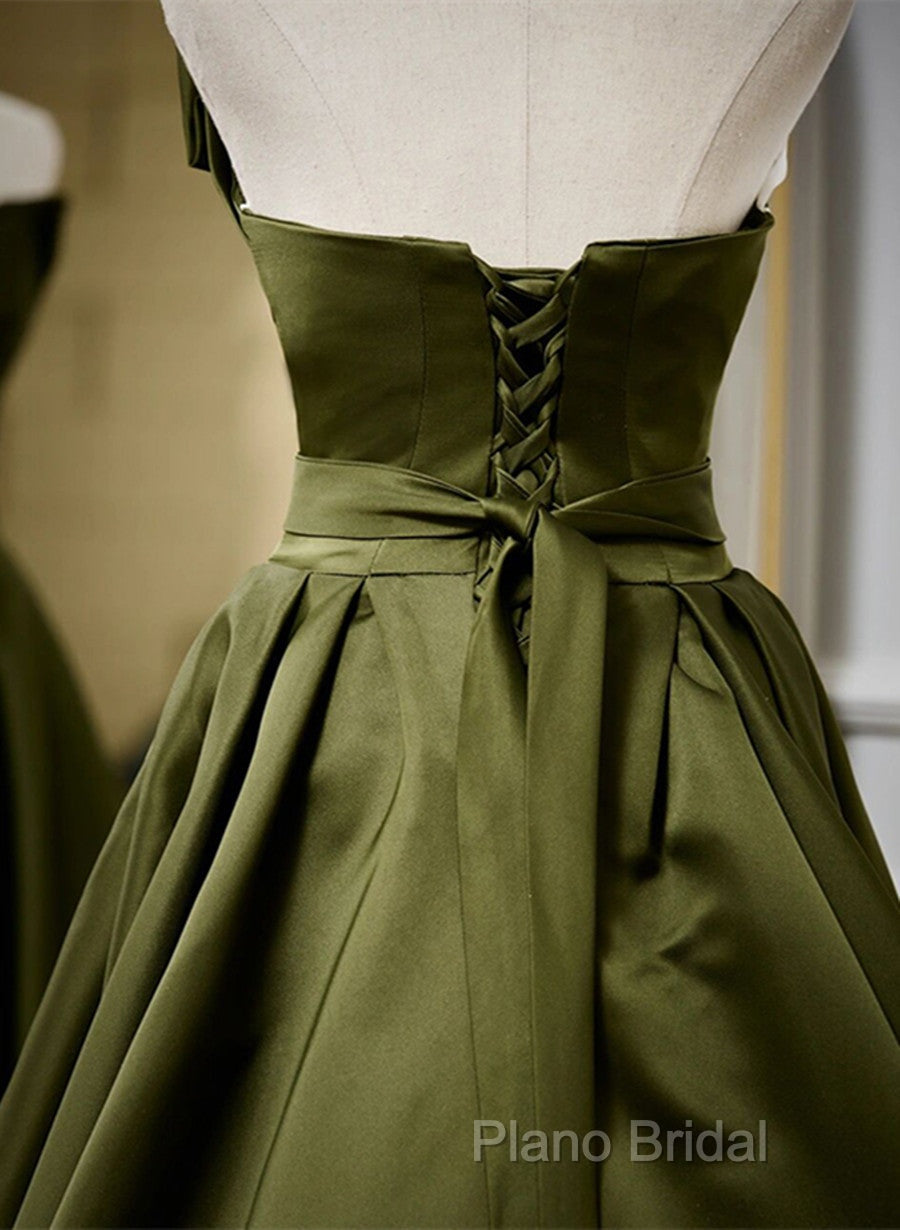 Green Satin V-Neckline Lace-Up Long Wedding Party Dresses, Green Formal Dresses
