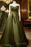 Green Satin V-Neckline Lace-Up Long Wedding Party Dresses, Green Formal Dresses