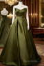 Green Satin V-Neckline Lace-Up Long Wedding Party Dresses, Green Formal Dresses