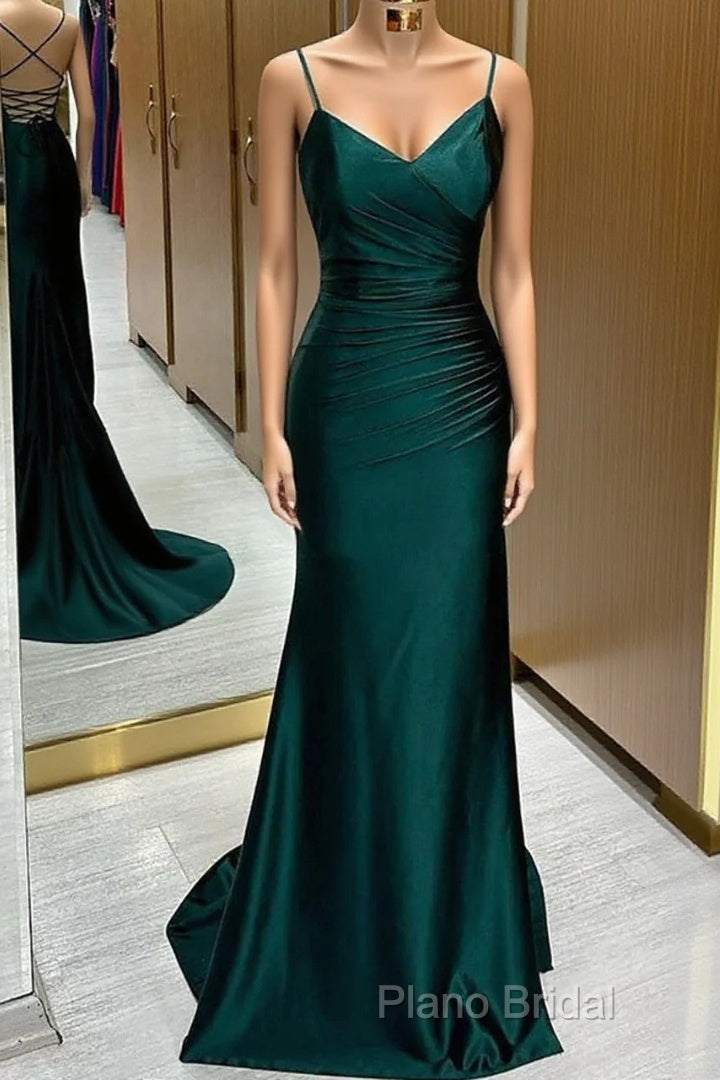 Green Satin V-Neckline Mermaid Straps Formal Gown, Green Satin Formal Prom Dresses