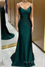 Green Satin V-Neckline Mermaid Straps Formal Gown, Green Satin Formal Prom Dresses