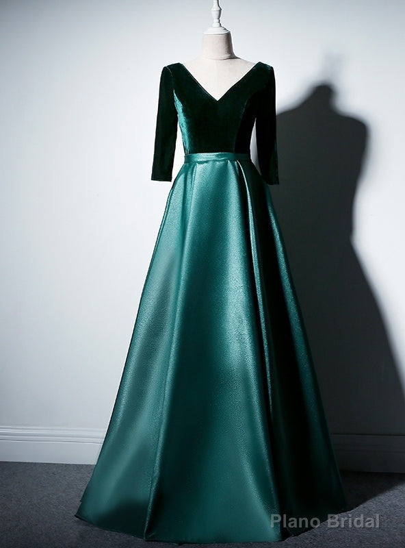 Green Satin Velvet Long Sleeve V-neck prom Dress