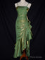 Green Satin Vintage Style High Low Party Dress, Mermaid Spaghetti Strap Dress Formal Dress