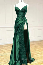 Green Satin With Lace Straps Long Evening Dresses Formal Prom Dresses, Green Satin Party Dres