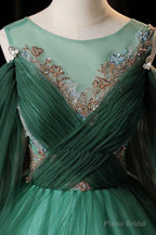 Green Scoop Neckline Tulle Formal Evening Dress, A-Line Long Sleeve Prom Dress