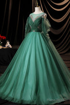 Green Scoop Neckline Tulle Formal Evening Dress, A-Line Long Sleeve Prom Dress