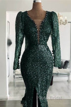 Green Sequin V Neck Mermaid Formal Prom Dresses