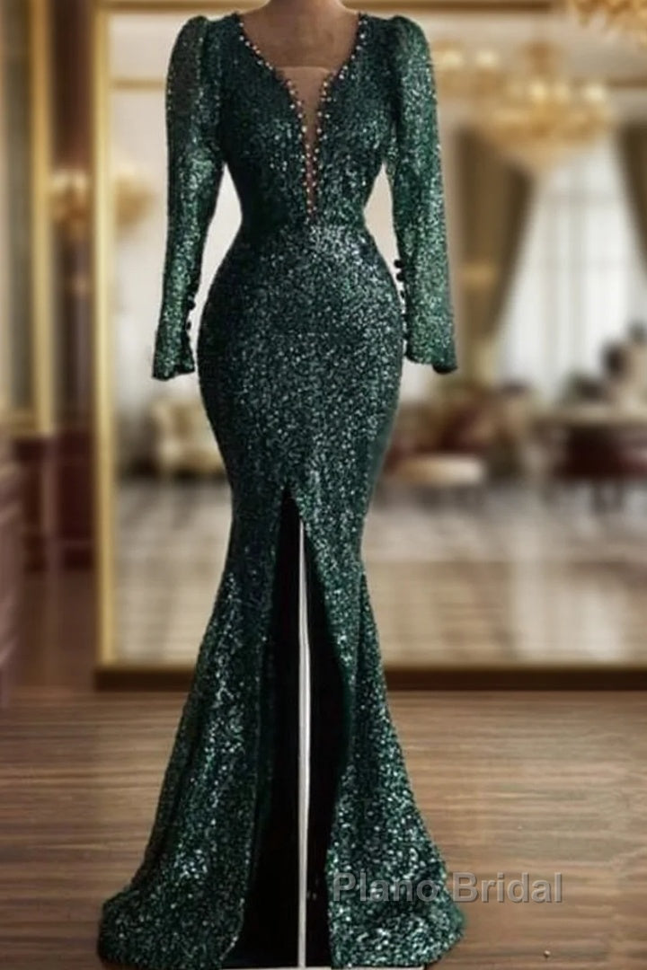 Green Sequin V Neck Mermaid Formal Prom Dresses Main image