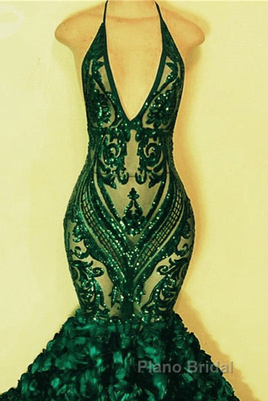 Green Sequinned Lace Rosette Mermaid Dresses