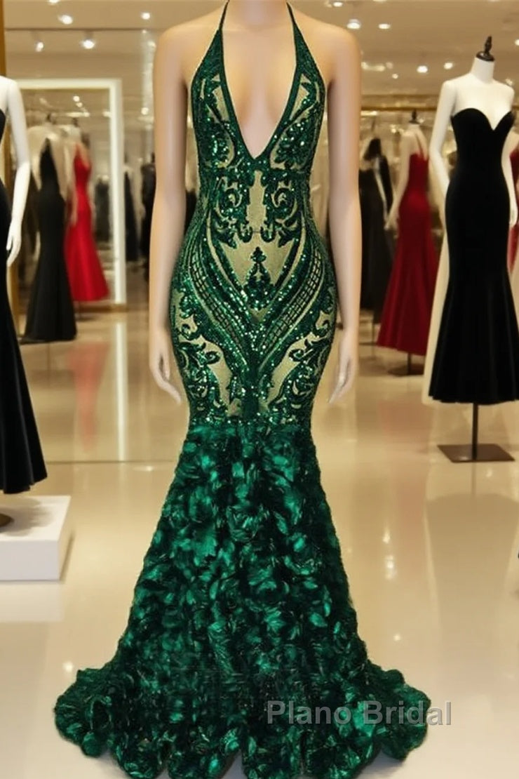 Green Sequinned Lace Rosette Mermaid Dresses Main image