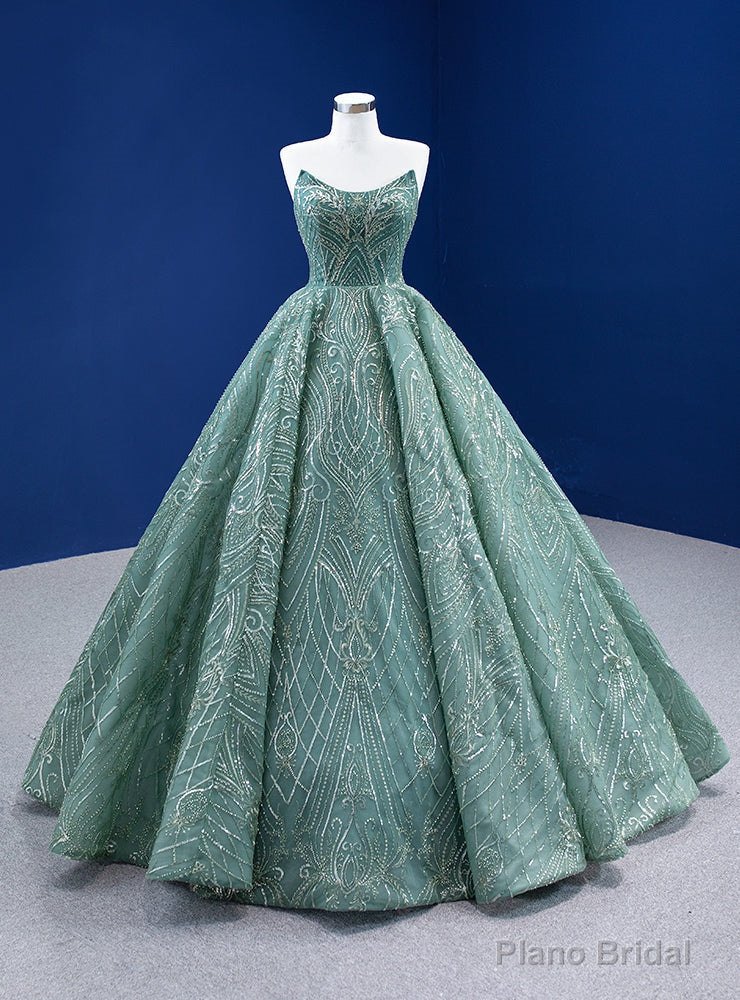 Green Sequins Appliques Strapless Prom Dress Main image