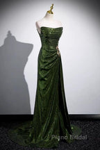 Green Sequins Long Mermaid Formal Prom Dresses, Green Lace-Up Party Dresses With Slit