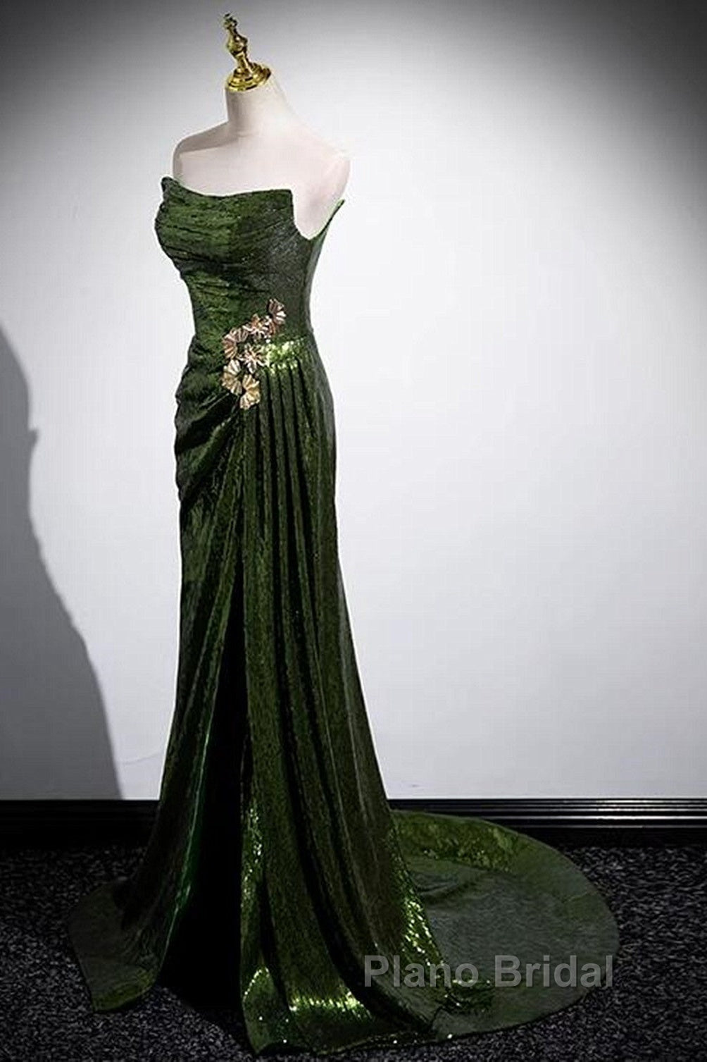 Green Sequins Long Mermaid Formal Prom Dresses, Green Lace-Up Party Dresses With Slit