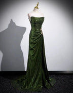 Green Sequins Long Mermaid Formal Prom Dresses, Green Lace-Up Party Dresses With Slit