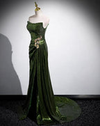 Green Sequins Long Mermaid Formal Prom Dresses, Green Lace-Up Party Dresses With Slit