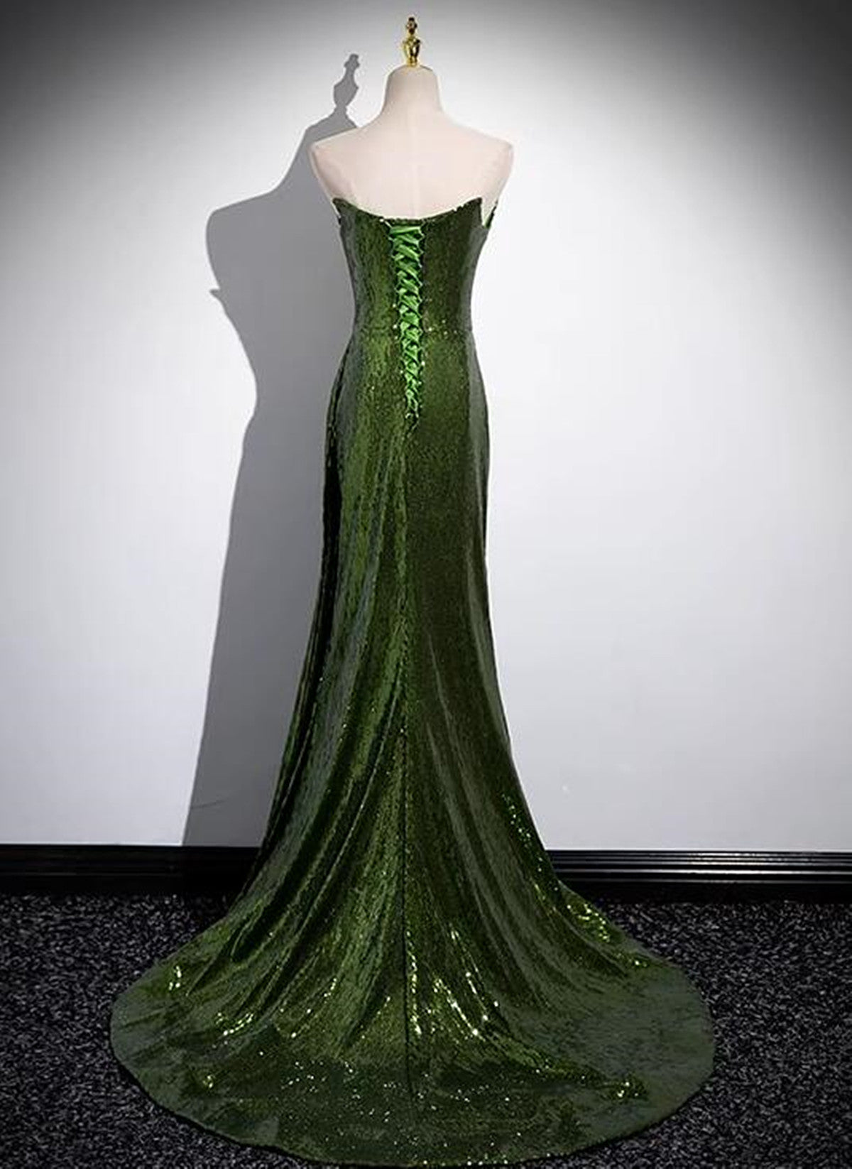 Green Sequins Long Mermaid Formal Prom Dresses, Green Lace-Up Party Dresses With Slit