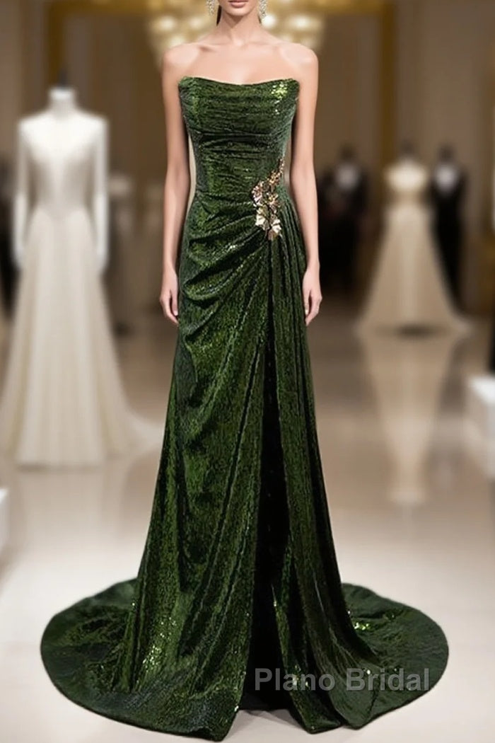 Green Sequins Long Mermaid Formal Prom Dresses, Green Lace-Up Party Dresses With Slit Main image