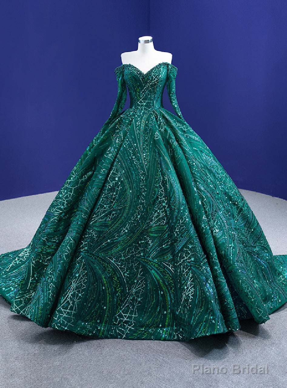 Green Sequins Long Sleeve Off the Shoulder Prom Dress Main image
