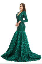 Sequins Mermaid Long V Neck Prom Dresses Full Sleeve