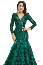 Sequins Mermaid Long V Neck Prom Dresses Full Sleeve