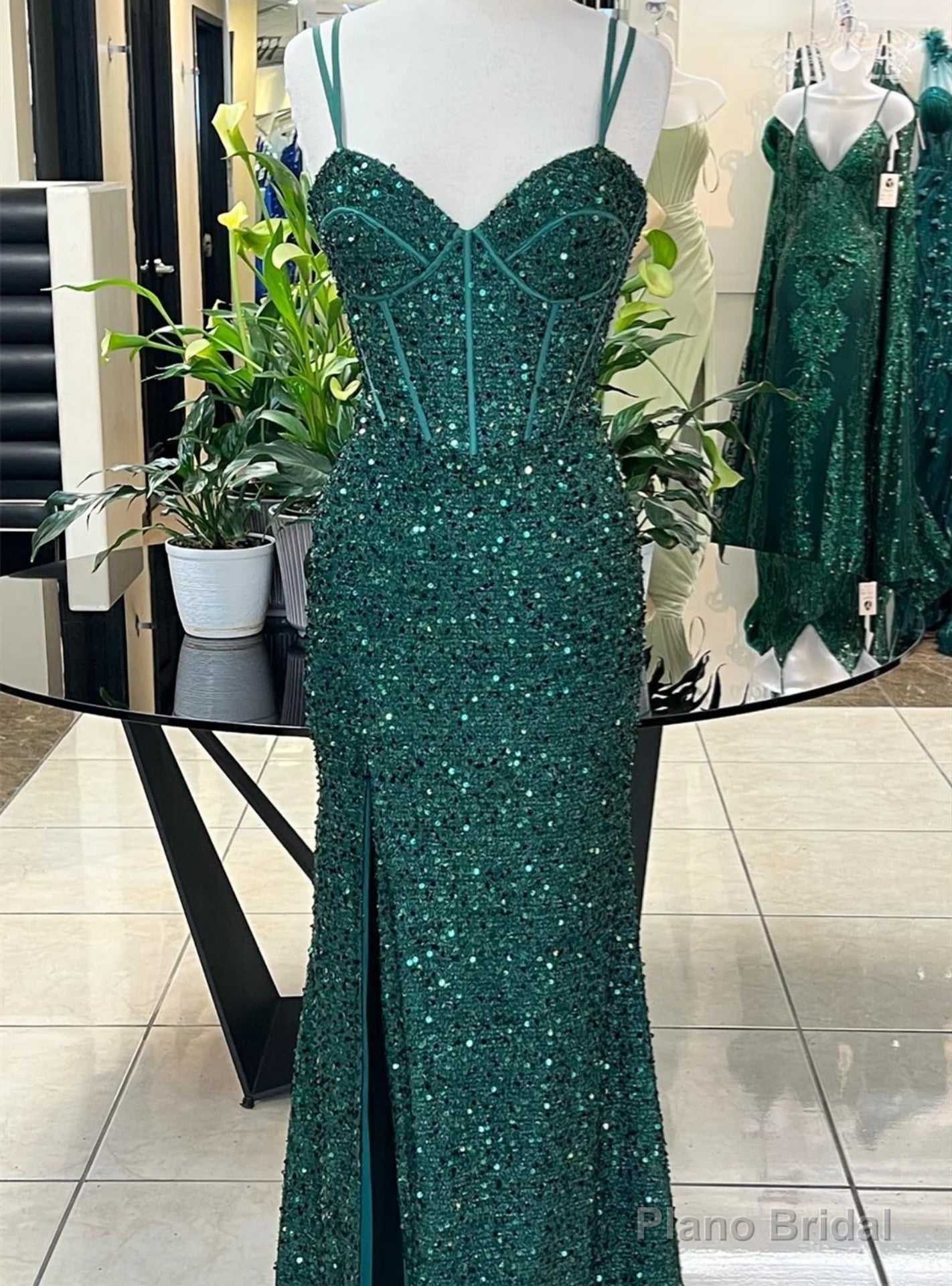 Green Sequins Spaghetti Straps Prom Dress Main image