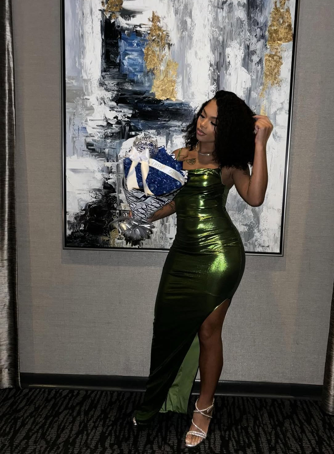 Green Sheath Long Formal Prom Dresses With Slit Black Girl Formal Evening Dresses