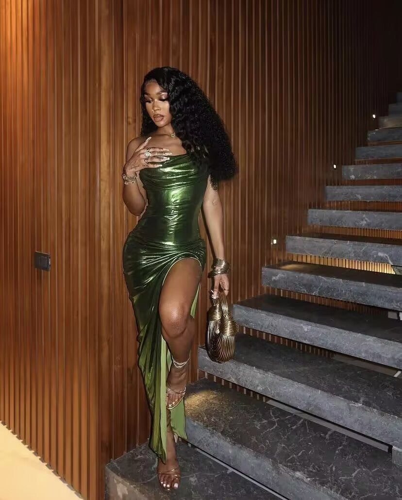Green Sheath Long Formal Prom Dresses With Slit Black Girl Formal Evening Dresses Main image