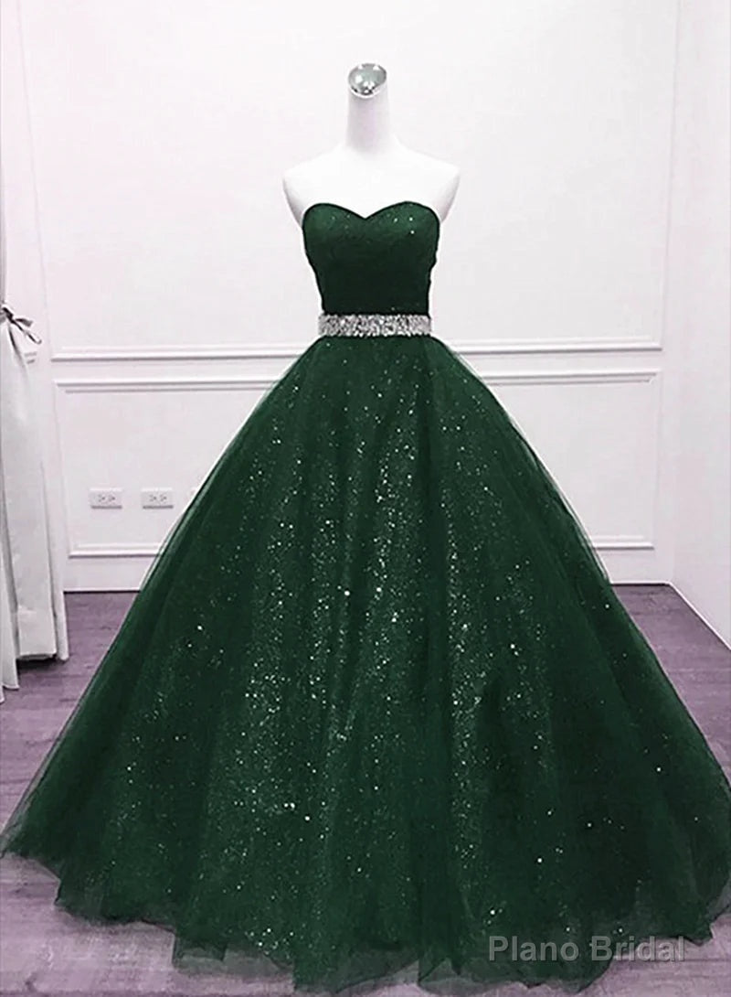 Green Shiny Tulle Beaded Sweetheart Party Dress, Green Formal Dress