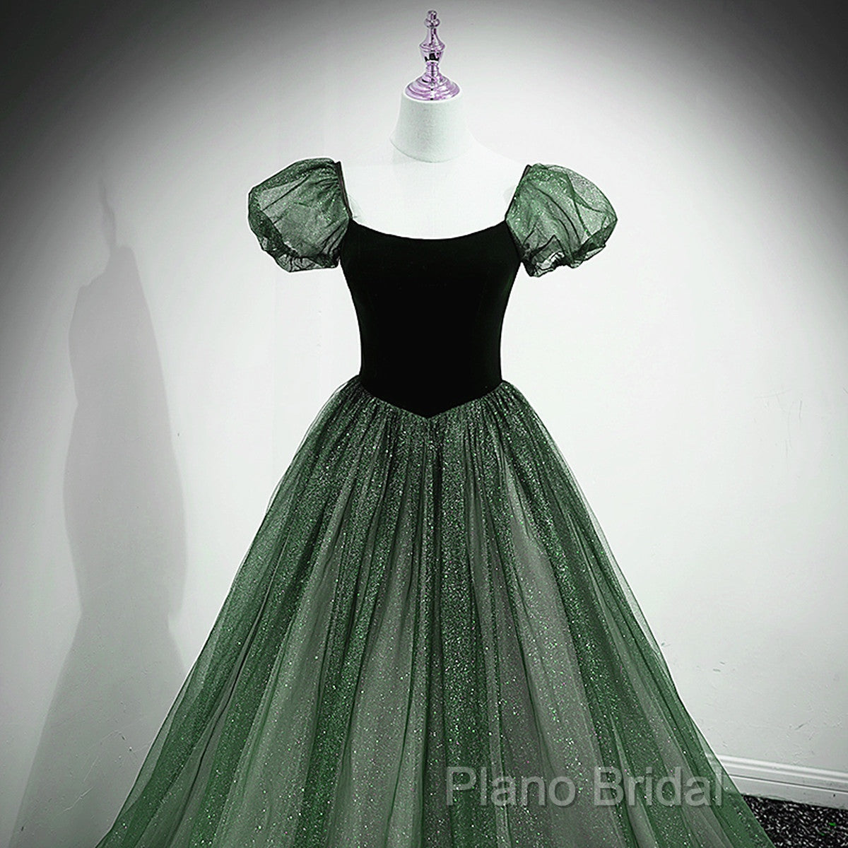 Green Shiny Tulle Short Sleevse Long Formal Dresses, Green A-Line Formal Prom Dresses Party Dresses Secondary image