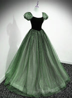 Green Shiny Tulle Short Sleevse Long Formal Dresses, Green A-Line Formal Prom Dresses Party Dresses