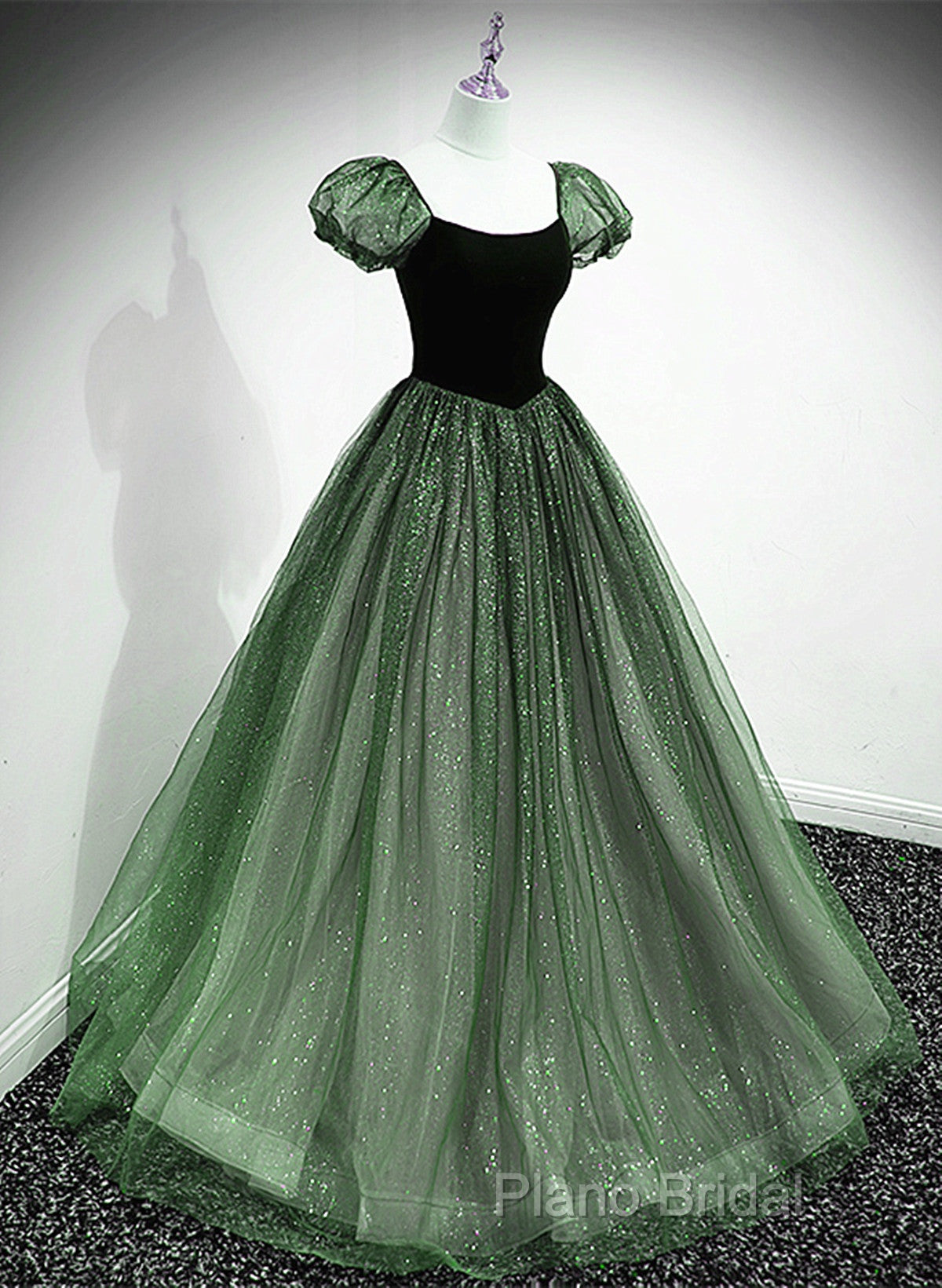 Green Shiny Tulle Short Sleevse Long Formal Dresses, Green A-Line Formal Prom Dresses Party Dresses