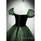 Green Shiny Tulle Short Sleevse Long Formal Dresses, Green A-Line Formal Prom Dresses Party Dresses