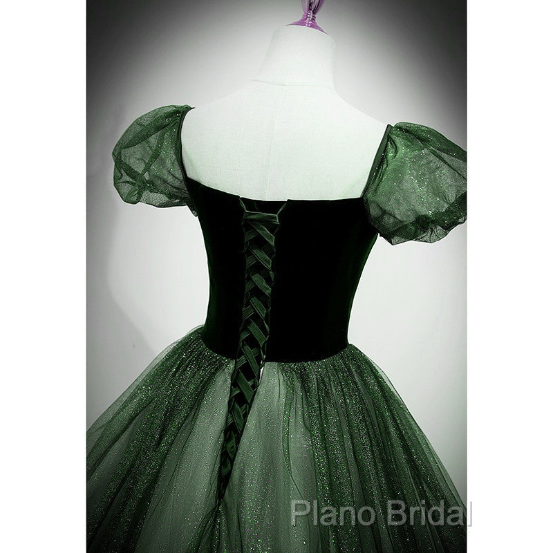 Green Shiny Tulle Short Sleevse Long Formal Dresses, Green A-Line Formal Prom Dresses Party Dresses
