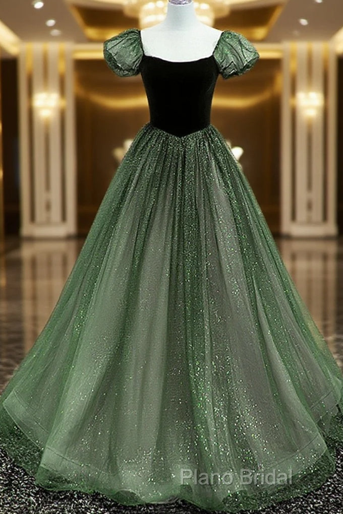 Green Shiny Tulle Short Sleevse Long Formal Dresses, Green A-Line Formal Prom Dresses Party Dresses Main image