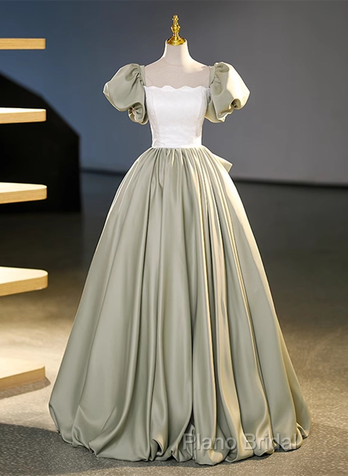 Green Short Sleeves Ball Gown Satin Long Party Dresses, Green Long Formal Dresses