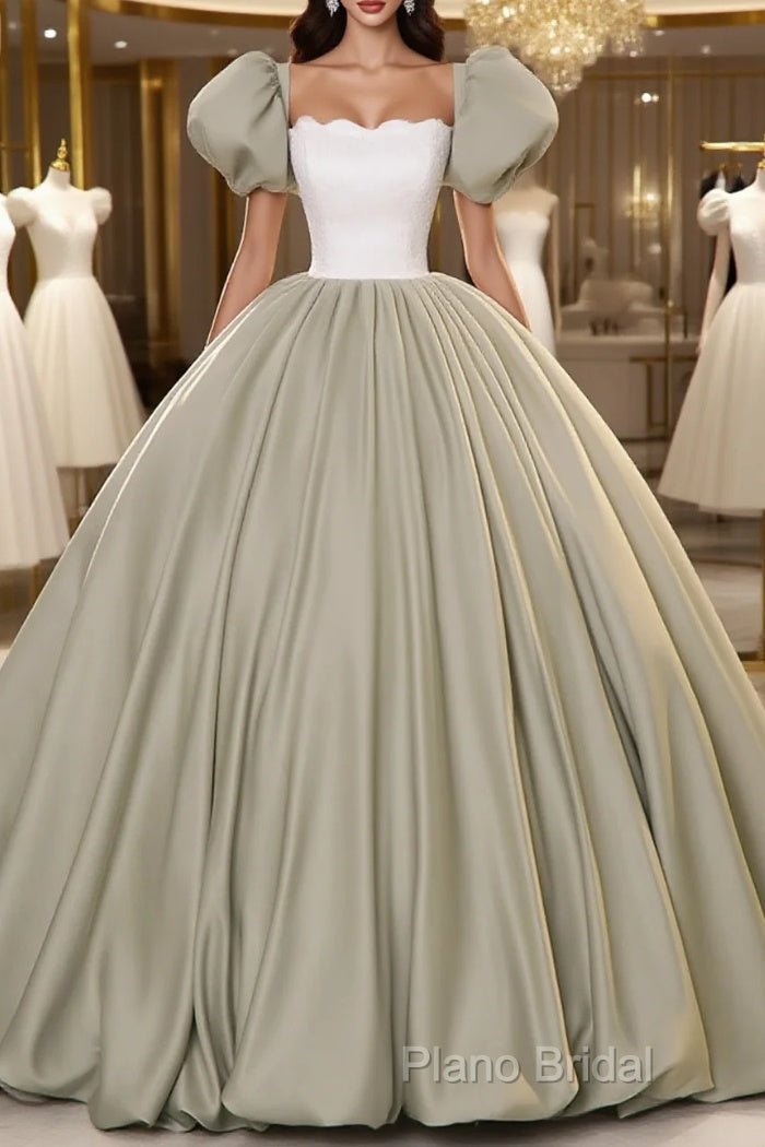 Green Short Sleeves Ball Gown Satin Long Party Dresses, Green Long Formal Dresses