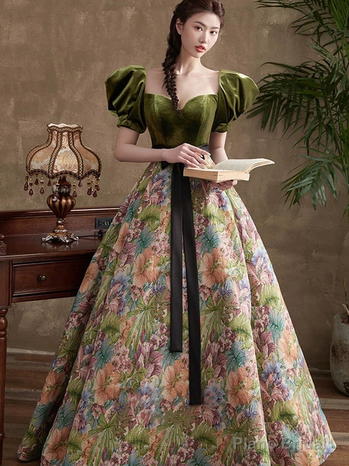 Green Short Sleeves Velvet Floral Long Party Dress, Green A-line Prom Dress Main image