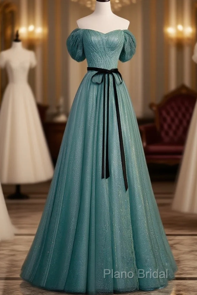Green Simple Sweetheart Off Shoulder Long Party Dresses, Green Tulle Formal Dresses Main image